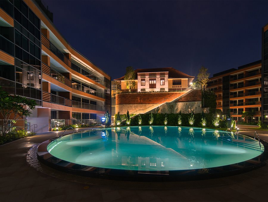 Sophia Hills at Mount Sophia by Hoi Hup Sunway showing restored heritage building integrated with modern residential blocks and pool