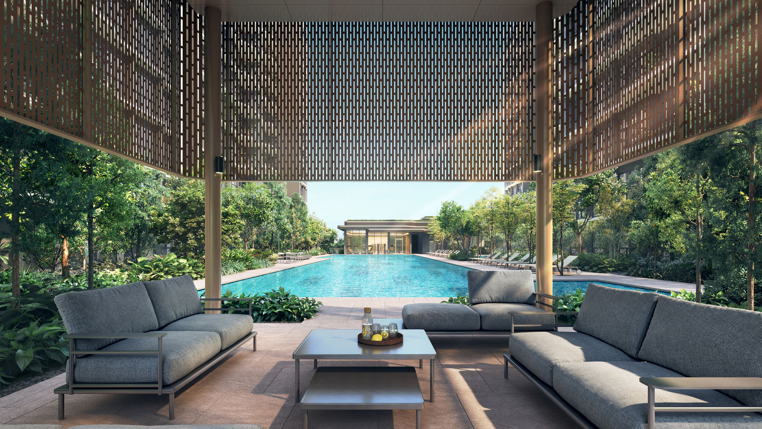 Pinery Residences 50-metre lap pool with landscaped deck surrounded by residential towers