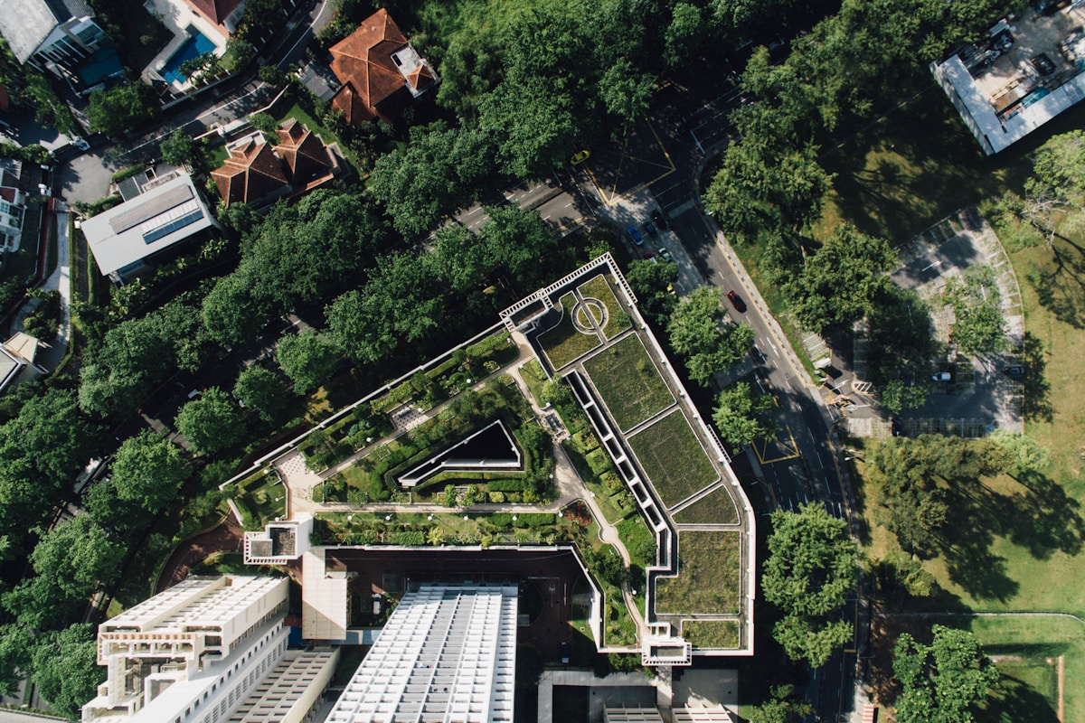 Aerial view of a Singapore residential block with rooftop greenery in the Holland area, surrounded by landed homes and trees