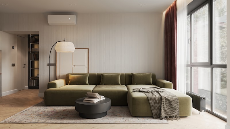 Modern luxury apartment living room with designer furniture and large windows