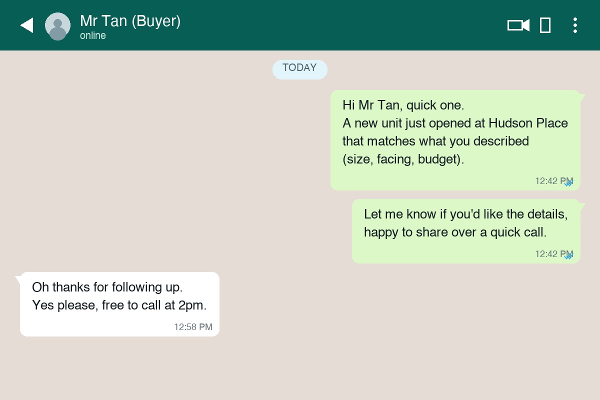 WhatsApp chat mockup showing a Singapore property agent sending a re-engagement follow-up about a new unit at Hudson Place, with the buyer re-engaging and agreeing to a call